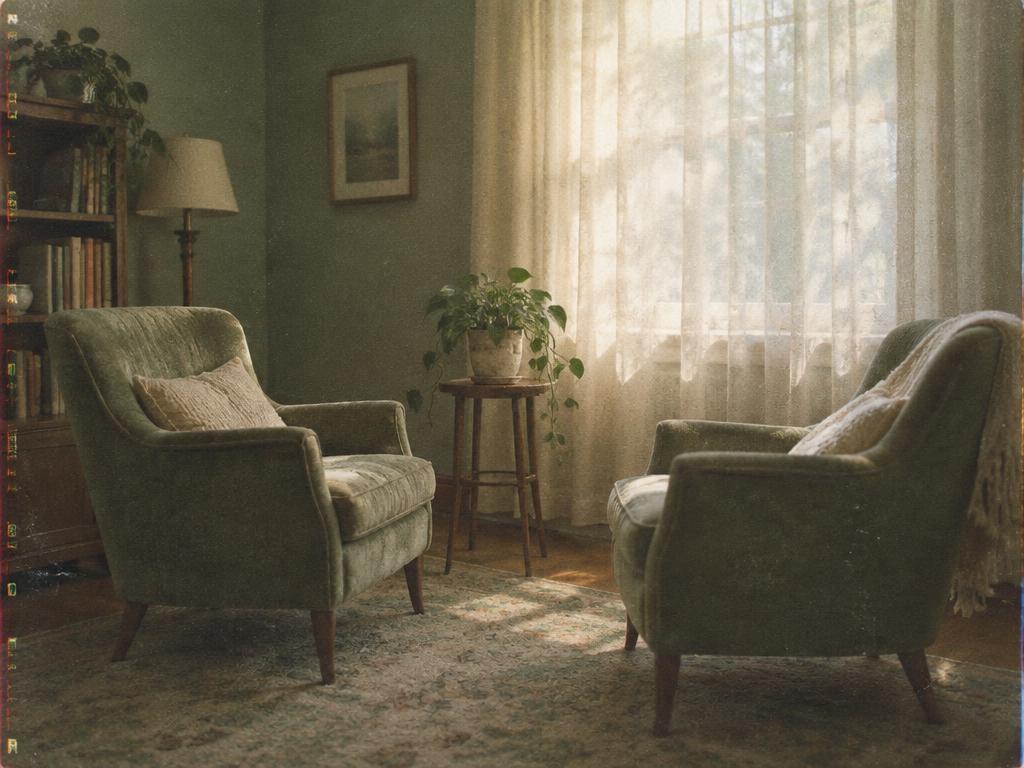 Two armchairs facing each other in a calm therapy room, analog film photograph