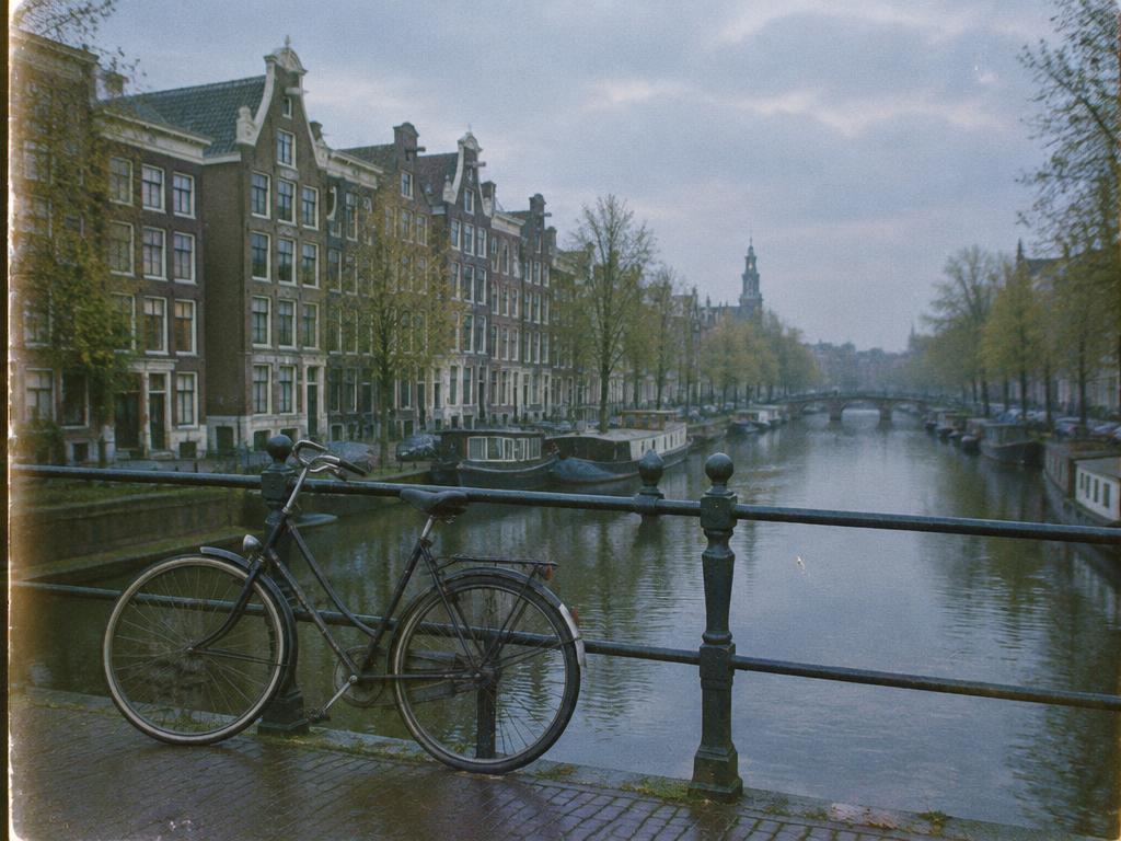 Amsterdam canal with a bicycle on a bridge, analog film photograph